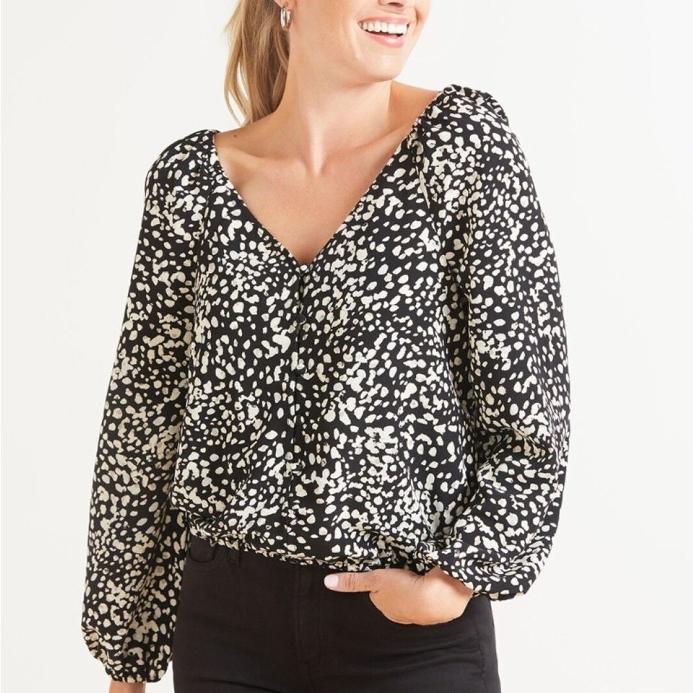 Sanctuary Black Cream Meadow Blouse Top in Hazed Graphic Spot Button Front small